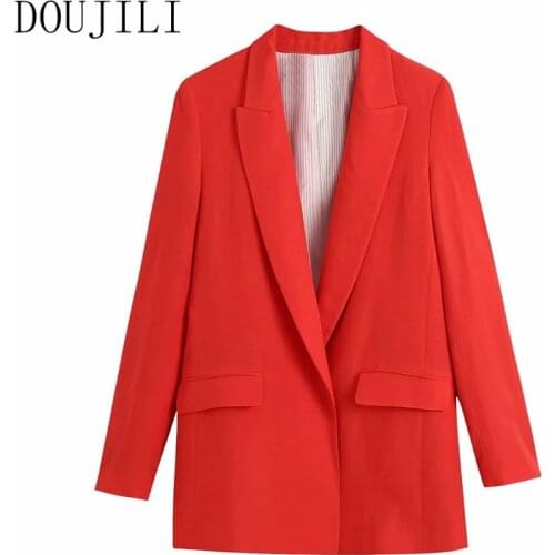 DOUJILI Fashion Women Blazer Coat Solid Color V Neck Long Slleve Pocket No Button Red Suit Blazer For Autumn Winter