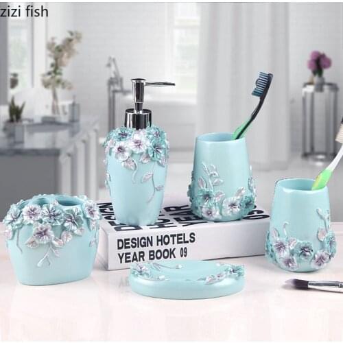 Floral Pattern Bathroom Accessories Set Toothbrush Cup Toothpaste Holder Shower Gel Bottle Soap Dish 5pcs Resin Bath Tools