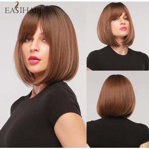 EASIHAIR Brown Natural Hair Bob Wigs Straight Wavy Synthetic Bob Wigs Heat Resistant Cosplay Daily Wig
