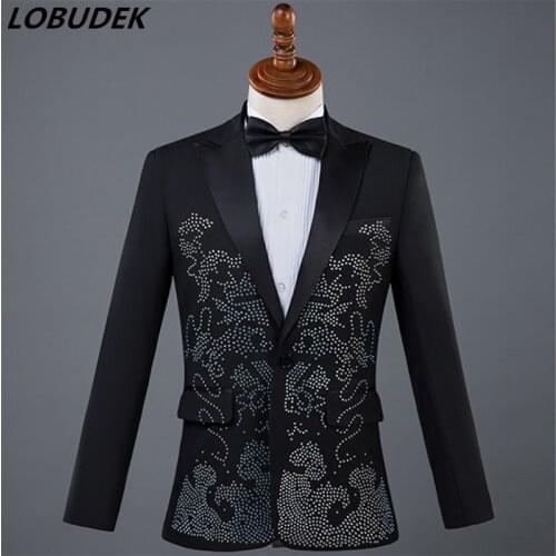 Jacket+tie+pants) Bright stones Mens Suits Sparkly Glass Diamond Blazers Adult Costume Singer Compere Master stage outfit