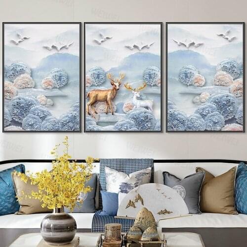 Modern Home Wall Art Decor Abstract Canvas Poster Hd Printed 3 Piece Dream Forest Elk Painting Deer Flower Antler Poster