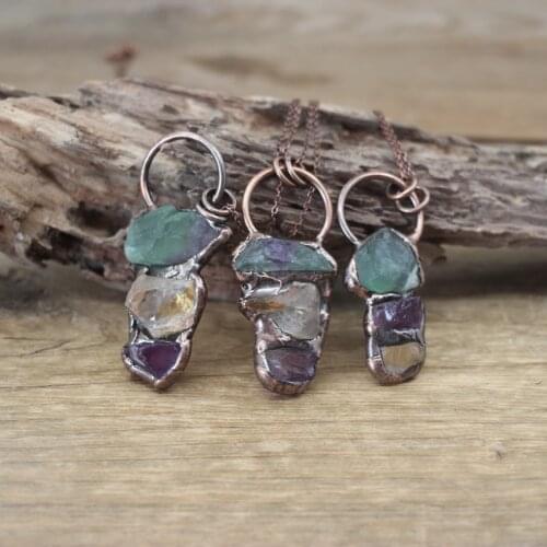 Antique Copper Soldered Raw Fluorite Pendants,Healing Energy Gems Turquoises Amethysts Meditation Necklace Retro Jewelry,QC3050