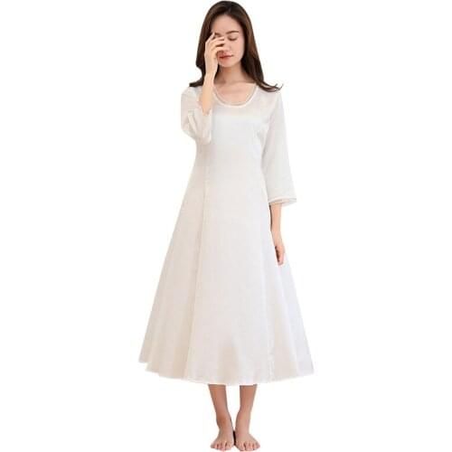 Summer Round Neck Simple Satin Sleep Dress White Long Sleeve Lace Sleepwear Nighty for Ladies Sexy Nightgowns Women Sexy Pijamas