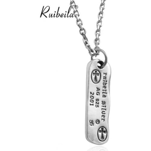 Ruibeila Marque Véritable 925 Argent Rétro Rectangulaire Militaire Marque Pendentif Hommes et Femmes Collier Hip Hop Cadeau