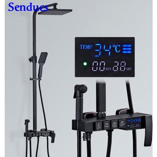 Senducs Black Digital Shower Set Luxury Rainfall Shower Head Brass Bathroom Shower Faucet Spa Digital Bathroom Shower System