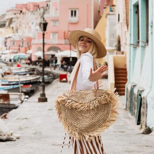 Bohemian Round Tassel Women Straw Bag Designer Spike Paper Rattan Shoulder Bags Large Casual Handbags Summer Beach Woven Purses