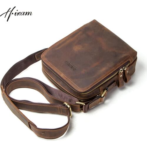Contacts genuine crazy horse leather vintage men crossbody bag luxury messenger bags for men zipper shoulder bag bolso hombre