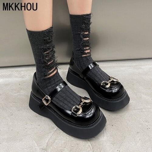 MKKHOU Fashion Single Shoes Women New Leather Black MaryJane Shoes Sweet Round Head Horsebit Buckle Ladies Platform Shoes Lolita
