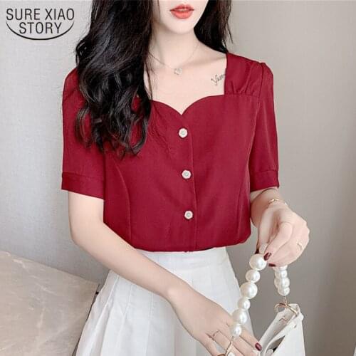 Wine Red Sweet Korean Cardigan All-match Top Female 2021 Square Collar Womans Shirts Summer Short Sleeve Chiffon Blouse 10052