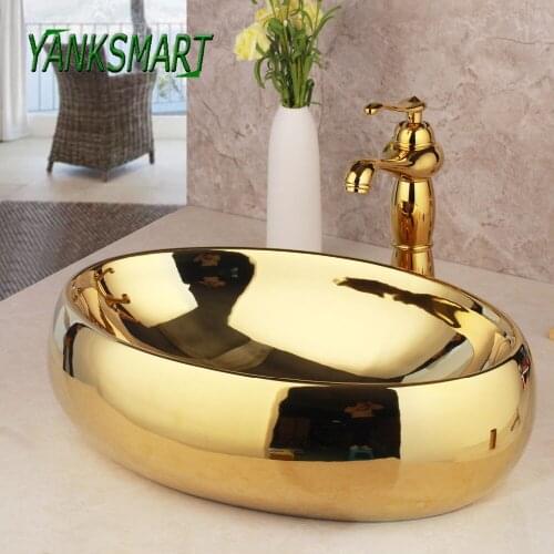 YANKSMART Hand Maded Ceramic Gold Glazed Porcelain Art Bathroom Sink Faucet Set Bathroom Basin Faucets Set