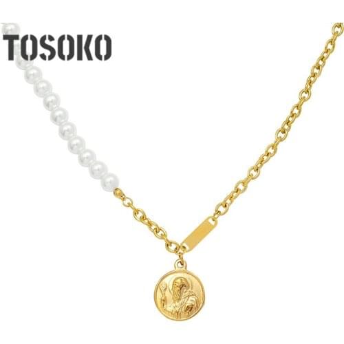 TOSOKO Stainless Steel Jewelry Pearl Stitched Chain Round Brand Portrait Pendant Clavicle Chain Womens Elegant Necklace BSP173