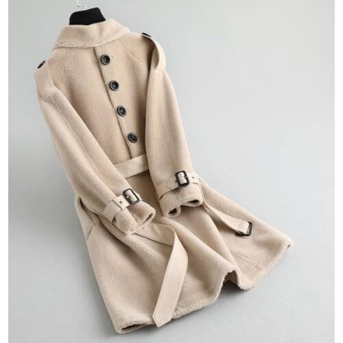 2020 Sheep Shearling Real Fur Coat Winter Jacket Women 100% Wool Coat with Sheepskin Leather Belt Korean Jackets MY4250