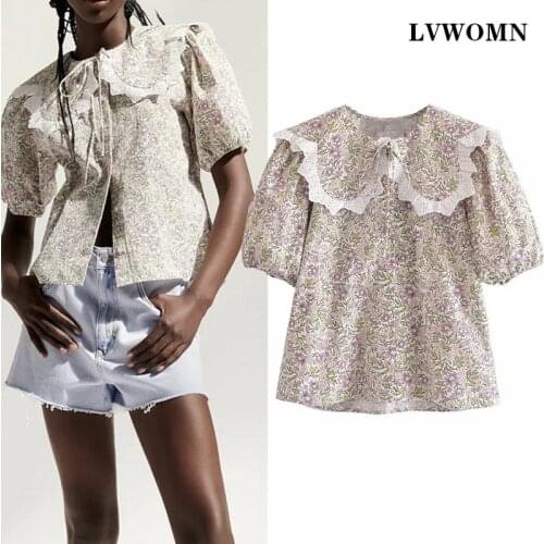 LVWOMN Za Women Blouses Short Sleeve 2021 Summer Fashion Small Round Lapel Print Women Clothing Shirts Elegant Bow Chic Tops