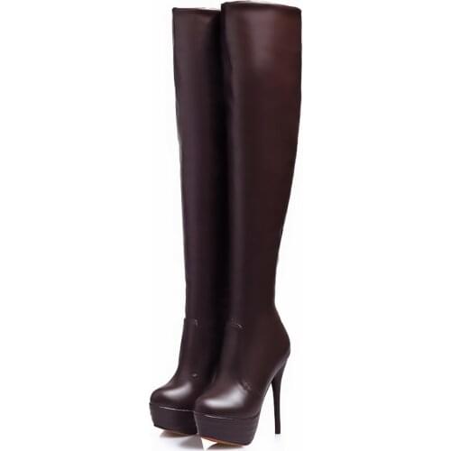 BERZIMER SUPER Pull On Boots Thigh High Boots Faux Leather Stretchy Over Knee Zapatos De Mujer Shoes Woman Large Size 39 45 44