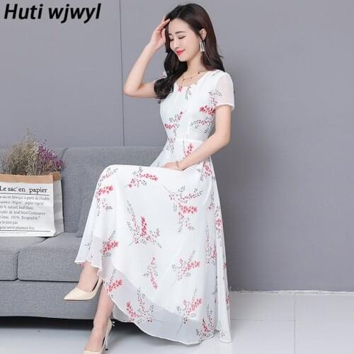 2021 Elegant White Floral Chiffon Boho Beach Midi Sundress Summer Oversize Vintage Print Maxi Dress Women Bodycon Party Vestidos