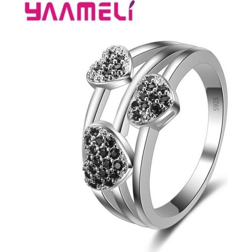 Love Heart Romantic Style Rings Paved Black Zircon Crystal 925 Sterling Silver For Ladies Women Wedding Bague Bijoux