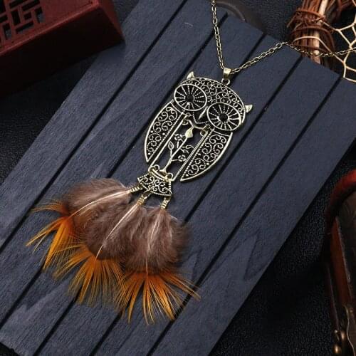 Bohemia Ethnic Handmade Feather Owl Pendant Necklaces for Women Vintage Gypsy Bronze Long Necklaces Sweater Chain Choker