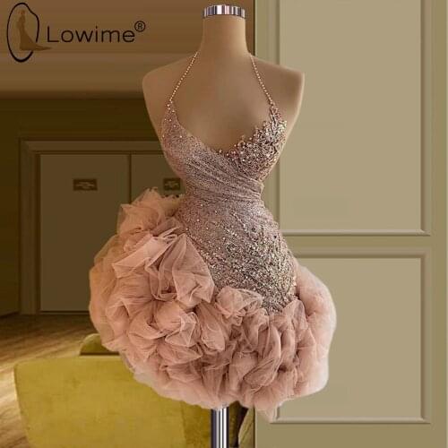 Halter Ruffles Pink Beaded African Women Formal Cocktail Dresses 2021 Sexy Short Prom Party Gowns vestidos de noche