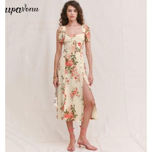Free Shipping Fashion Seaside Vacation Midi Printed Dress 2021 Summer New Ladies Lace-up Sleeveless Split A-line Dress Vestidos
