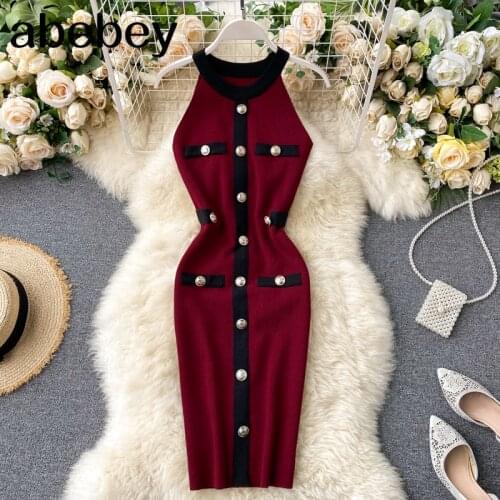 Vintage 2020 Slim button halter neck Sexy Summer Knitted dress Bodycon short club Dress Women Party patchwork tank dresses