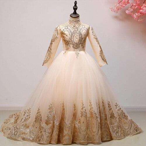 Sequin Golden Lace Baby Girl Dress 1 Year Birthday Gown Trailing Party Baptism Dress Long Sleeve Newborn Girl Christening Dress