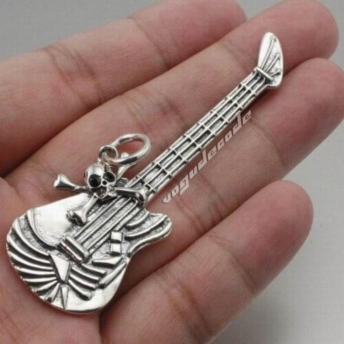 925 Sterling Silver Guitar Metal Rock Skull Mens Rocker Pendant 8B022(Necklace 26inch)