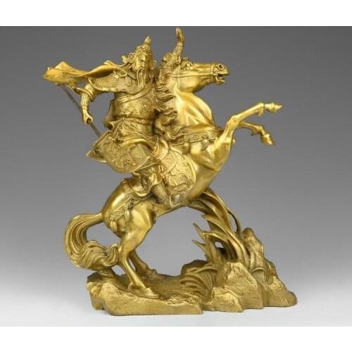 Free shipping 47cm China Brass Copper Dragon Sword Guan Gong God Guan Yu Buddha Ride Horse Statue