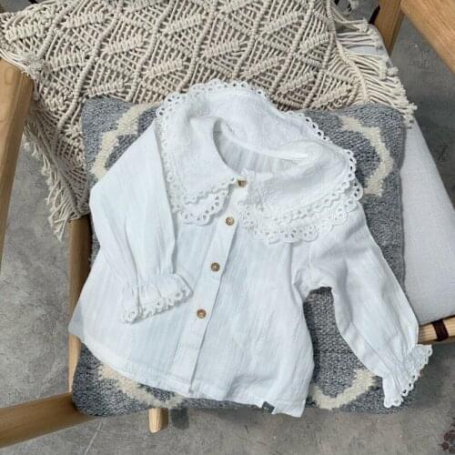 DojhonKids Kids Baby Girls White Lace Shirts Cotton Big Turn-down Collar Ruffle Sleeve noble Children Girl Tops Formal Blouses