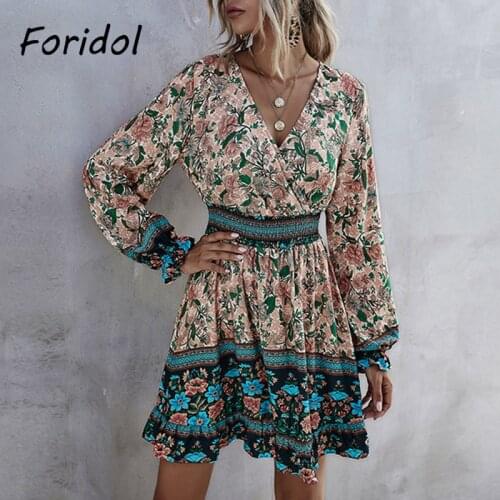 Foridol Floral Print Bohemian Dress 2021 Casual Long Sleeve Summer Beach Style Short Dress Women Female Elegant Mini Vestidos
