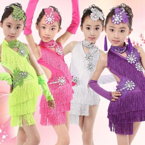 Child kid children professional latin dance dress for girls ballroom dancing dresses for kids red sequin fringe salsa tassel