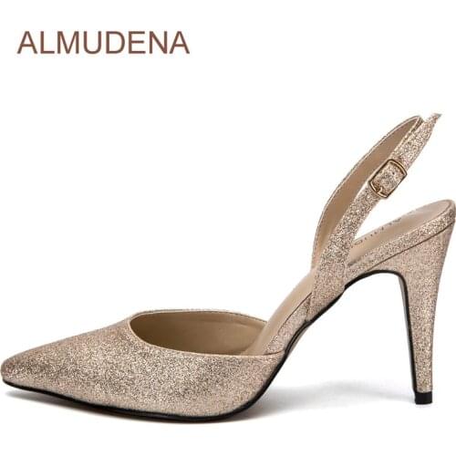 ALMUDENA Elegant Light Gold Bling Bling Sequined High Heel Shoes Pointed Toe Gittering Paillette Bridal Wedding Shoes Slingback