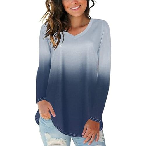 Gradient Irregular Womens T-shirt Fashion V-Neck Long Sleeve Womens Tees Funny Casual Western Style Vintage Female Tops T-shirt