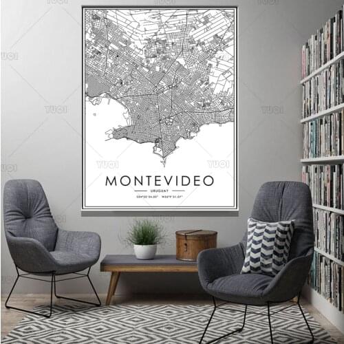 Map print poster canvas poster canvasWorld Map MONTEVIDEOBlack White MapPoster Picture Home Decor Wall Pictures For Living
