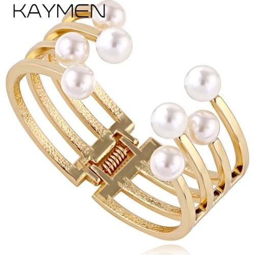 KAYMEN Unique Design 8 Imitation Pearls Symmetry Cuff Bangle Fashion Bracelet for Women Golden Pearls Bracelet Party Jewelry