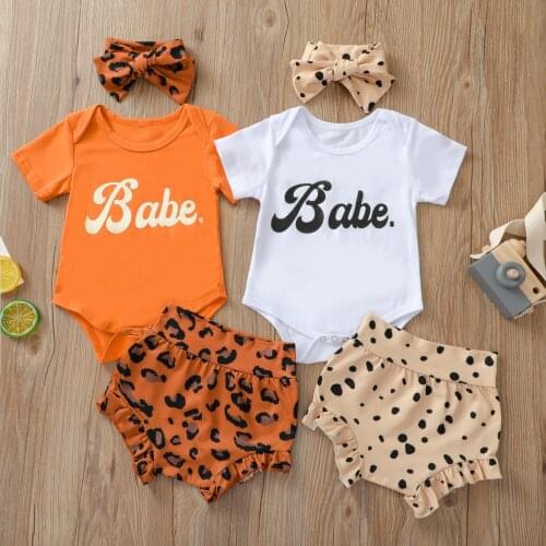 3Pcs Newborn Summer Set Baby Girl Clothes Letter Print Short Sleeve Round Neck Romper + Ruffle Leopard Shorts + Bowknot Headband