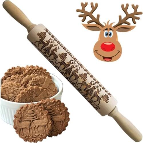 Creative Christmas 3D Wooden Rolling Pins Engraved Embossing Rolling Pin with Christmas Symbols for Baking Embossed Cookies