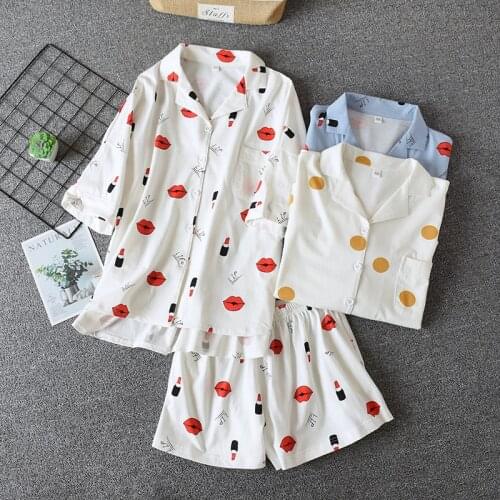 Summer Short Sleeve Cotton Pajamas Printing 2-Piece Sleepwear Turn-down Collar Loungewear Women Pijama Home Clothes Sleep Set