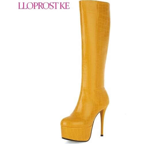 Lloprost ke Fashion Boots Women Shoes Thin High Heel Knee High Boots Round Toe Zipper Ladies Boots Autumn Winter White Yellow