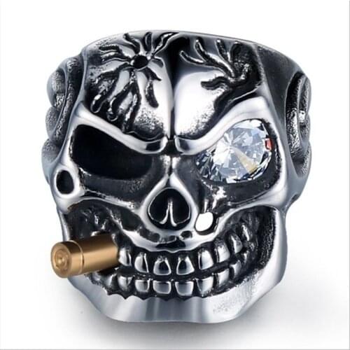 Fashion Mens One-Eyed Punk Skull Ring Popular Creative Inlaid Zircon Domineering Personality Hip-Hop Party Jewelry