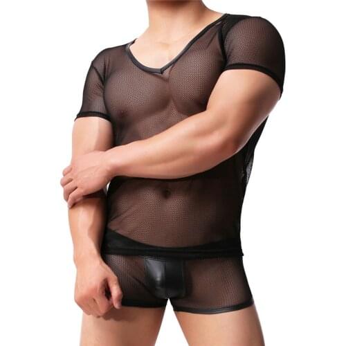 Mens Mesh T-shirt Gym Training Sheer Top Clubwear Sexy Transparent Men Underwear Set Boxers Shorts See Through Sexy Men Clothes