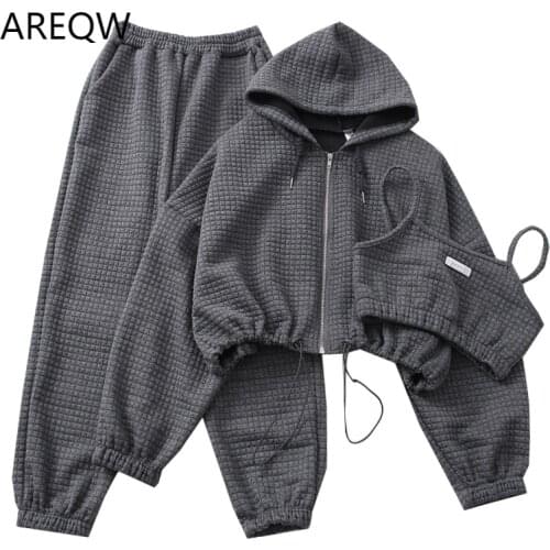 Three-piece Womens Autumn and Winter New Short Camisole + Hooded Zipper Jacket + Trousers