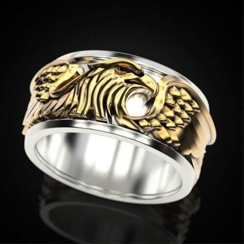 Retro Two Tone White Gold Cool Eagle Rings For Men Yellow Gold Animal Jewelry Male Vintage Fashion Wedding Ring Engagement Band