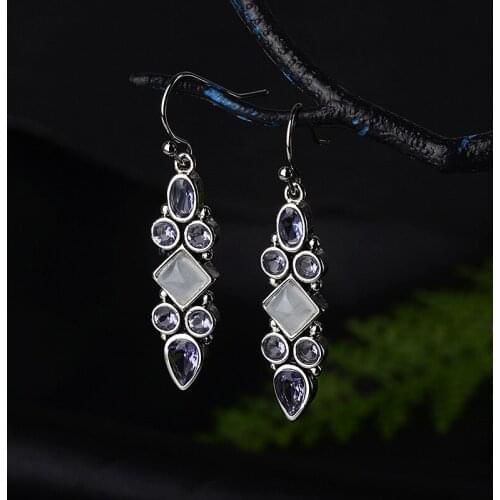 Purple crystal stone bohemia earrings wholesale vintage antique jewelry silver plated drop earrings