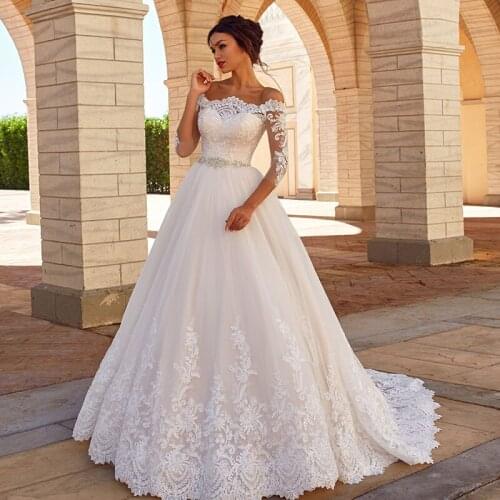 Off the Shoulder Wedding Dresses 3/4 Sleeves Sweep Train Lace Bridal Gown Dress with Detachable Beading Sash