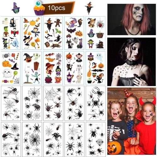 10 Sheets Halloween Tattoo Stickers Face Makeup Terror Mask Waterproof Spider Temporary Stickers Tatto for Men Women Body Art