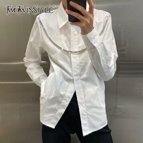 TWOTWINSTYLE White Casual Patchwork Chain Womens Shirt Lapel Long Sleeve Minimalist Korean Fashion Woman Blouses 2021 Style New