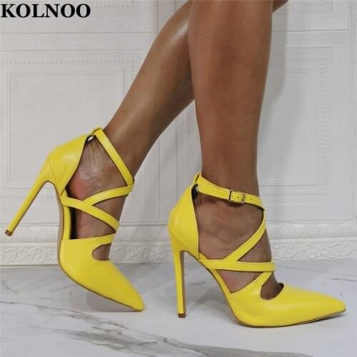 Kolnoo Handmade Hot Ladies Stiletto Heels Pumps Cross-Buckle Strap Faux-Leather Pointy Party Prom Evening Fashion Court Shoes