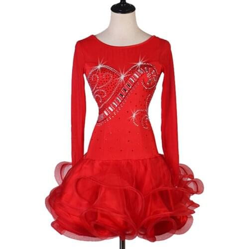 Latin Dance Costume Adult/Child Long Sleeve Shiny Latin Clothes Women Ballroom Dance Competition Dresses Custom Made DQL2942