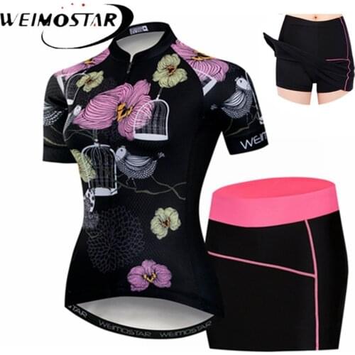 Weimostar Flowers Womens Cycling Jersey sets Pink Girls Short Sleeve MTB bicycle mini dress shorts Maillot Racing Bike Clothing