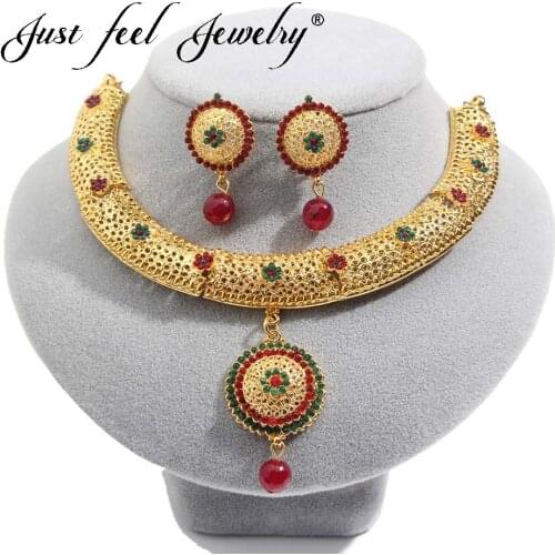 JUST FEEL Indian Arab Dubai Jewelry Sets For Women Ethiopian Wedding Fashion Imitation Pearl Crystal Beads Necklace Earrings Set